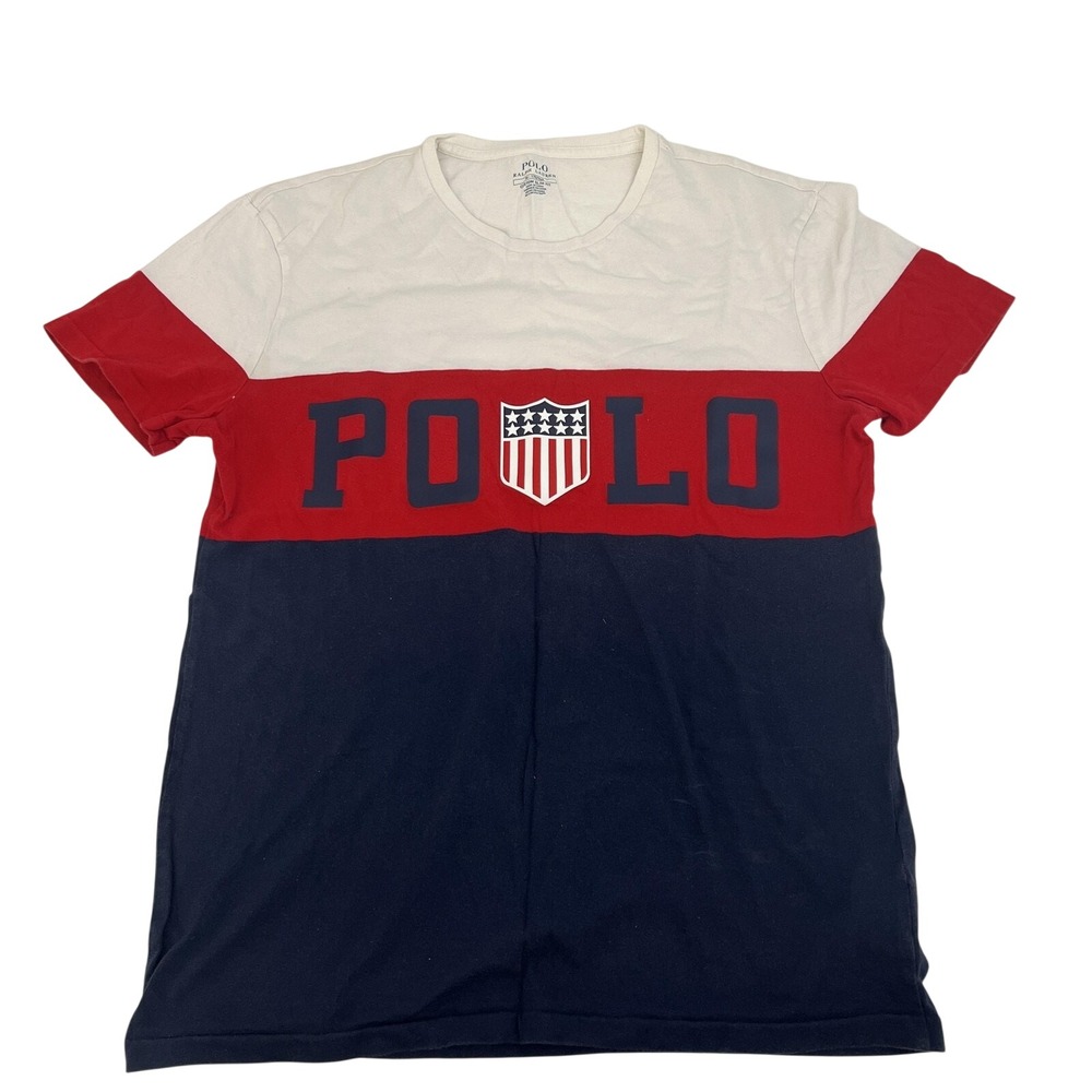 Polo Ralph Lauren Shirt Mens Medium Red Navy Custom Slim‎ Fit Colorblock Shield